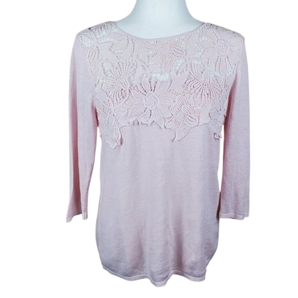 J Jill Blushā Pink Floral Crochet 3/4 Sleeve Linen Blend Top Size Medium